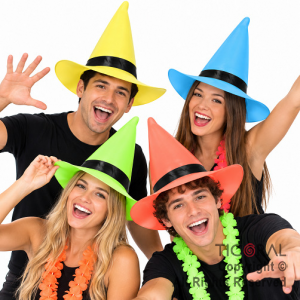 SOMBRERO BRUJA FLUO CON TIRA NEGRA COLORES SURTIDOS